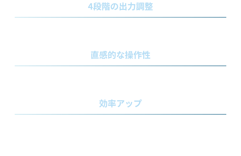 4段階の出力調整 繊細な作業から強力な洗浄まで幅広く対応。 直感的な操作性 ボタン一つでモード切替が可能。 効率アップ 無駄な水や電力を抑え、環境にも優しい設計。