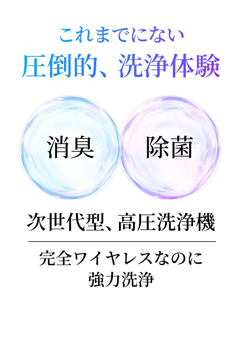 これまでにない圧倒的、洗浄体験 消臭 除菌 次世代型、高圧洗浄機 完全ワイヤレスなのに強力洗浄